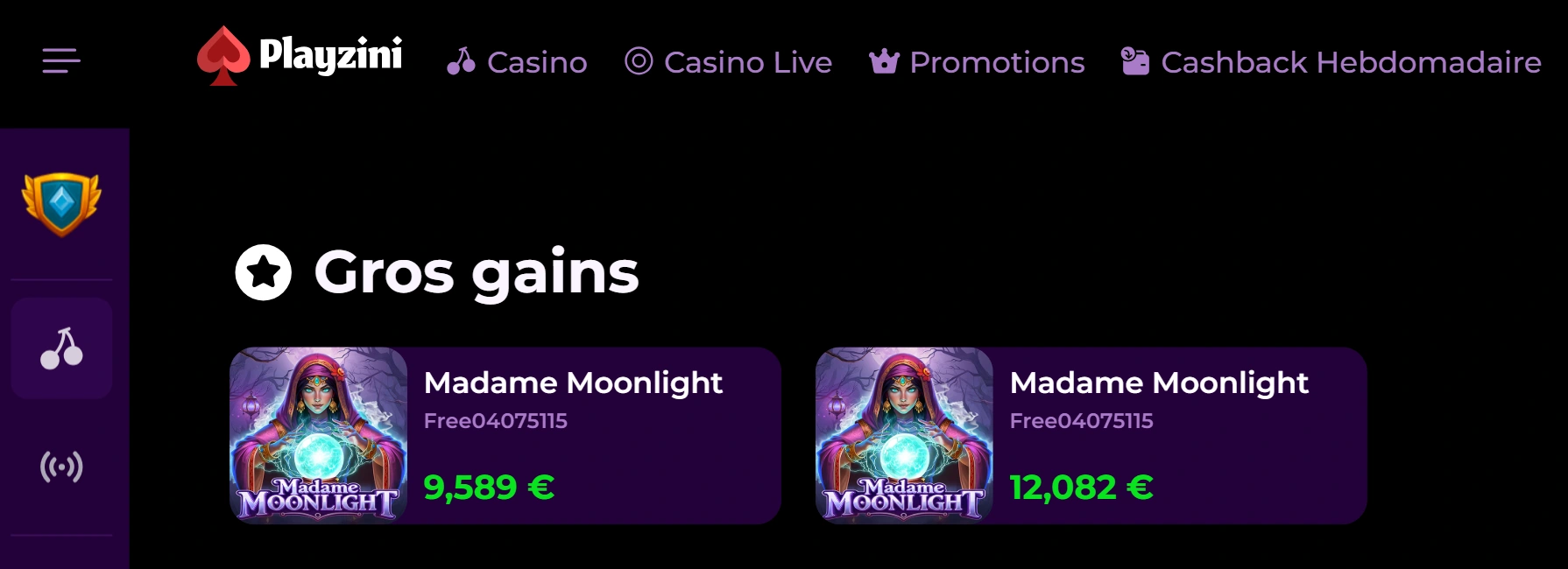 playzini casino menu